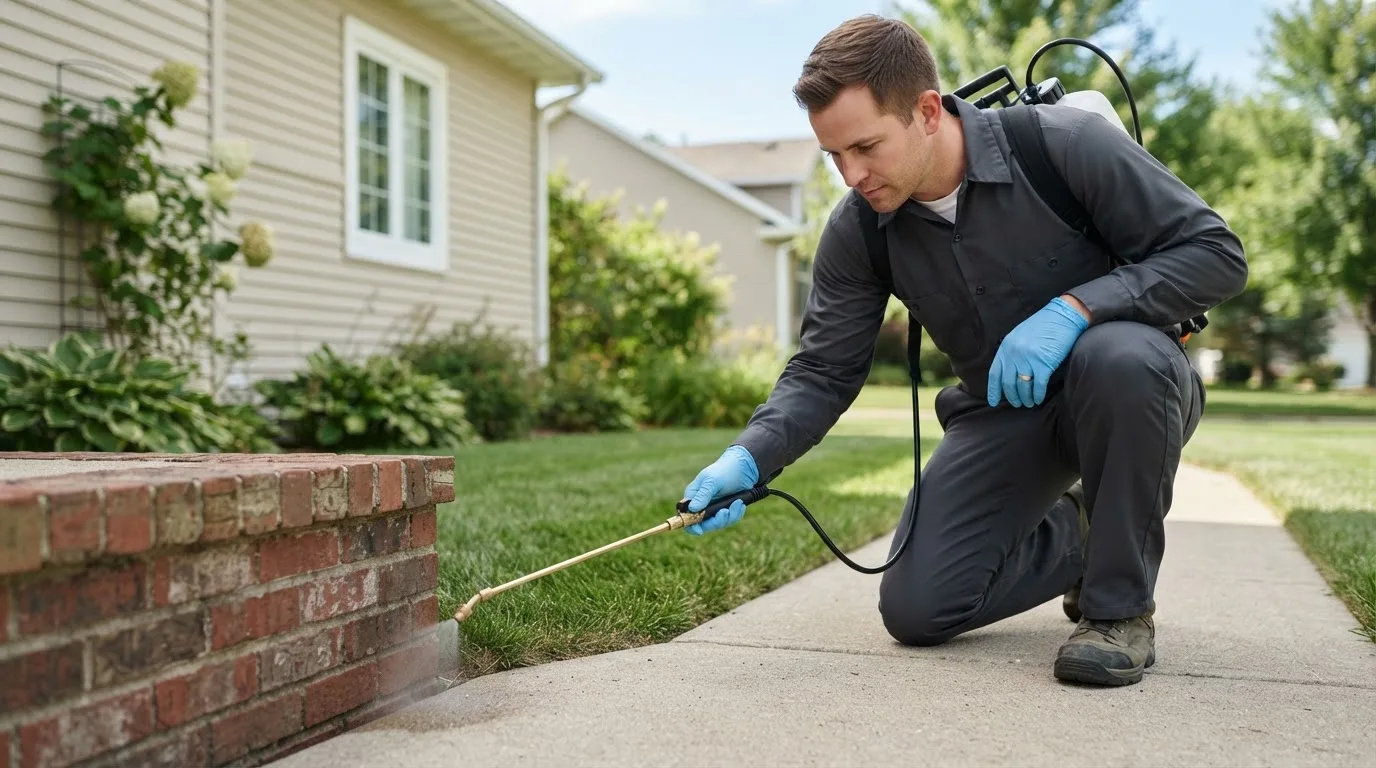 Pest control technician treating a home near Offerle, KS